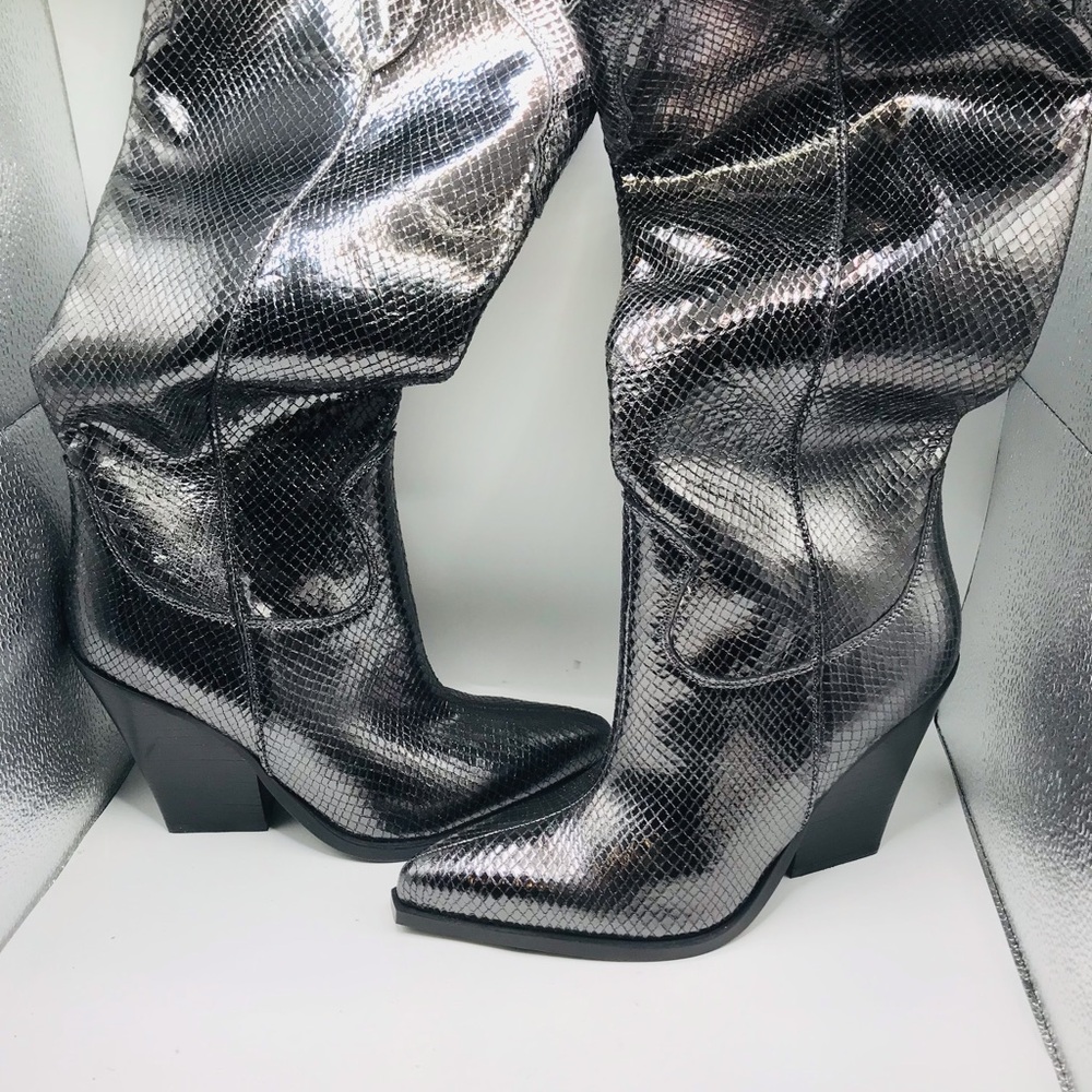 Marc fisher Metallic Snakeskin Knee-High Western Boots - Black/Silver - Picture 3 of 12